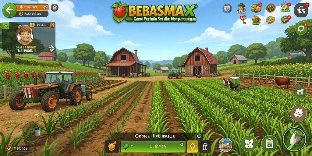 Tangkapan layar utama BEBASMAX menampilkan gameplay pertanian yang menarik dan interaktif.