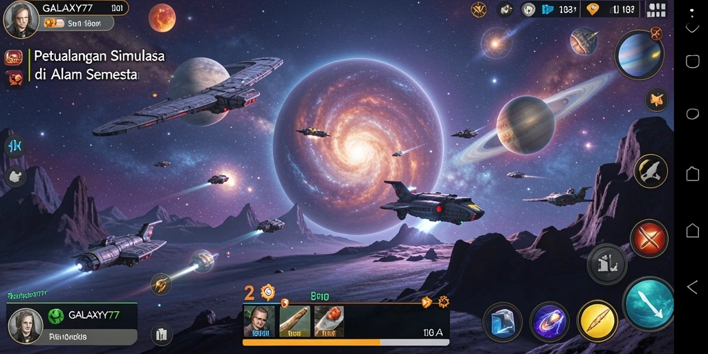 Tangkapan layar gameplay GALAXY77 yang menunjukkan eksplorasi galaksi dan interaksi planet.
