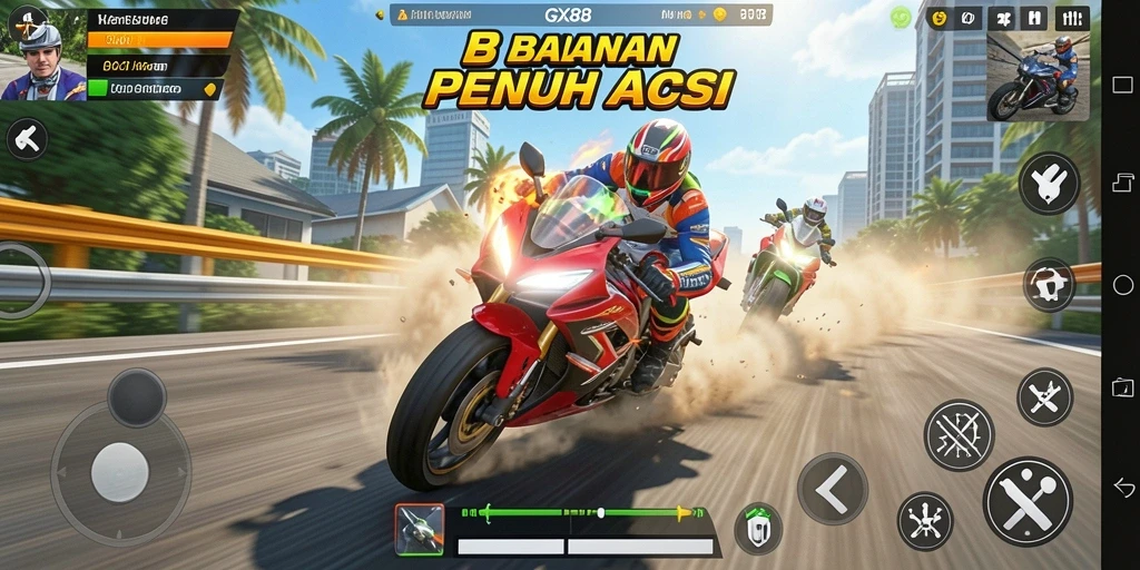 Screenshot gameplay GX88 menampilkan aksi balap motor yang seru dan menegangkan.