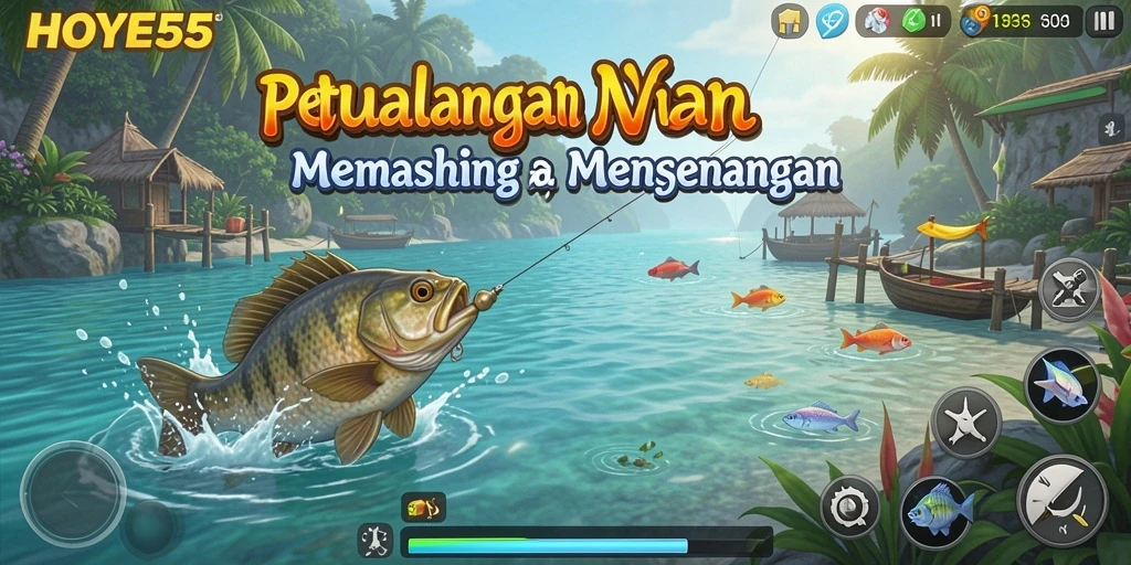 Screenshot gameplay HOYE55 menampilkan aksi memancing seru.