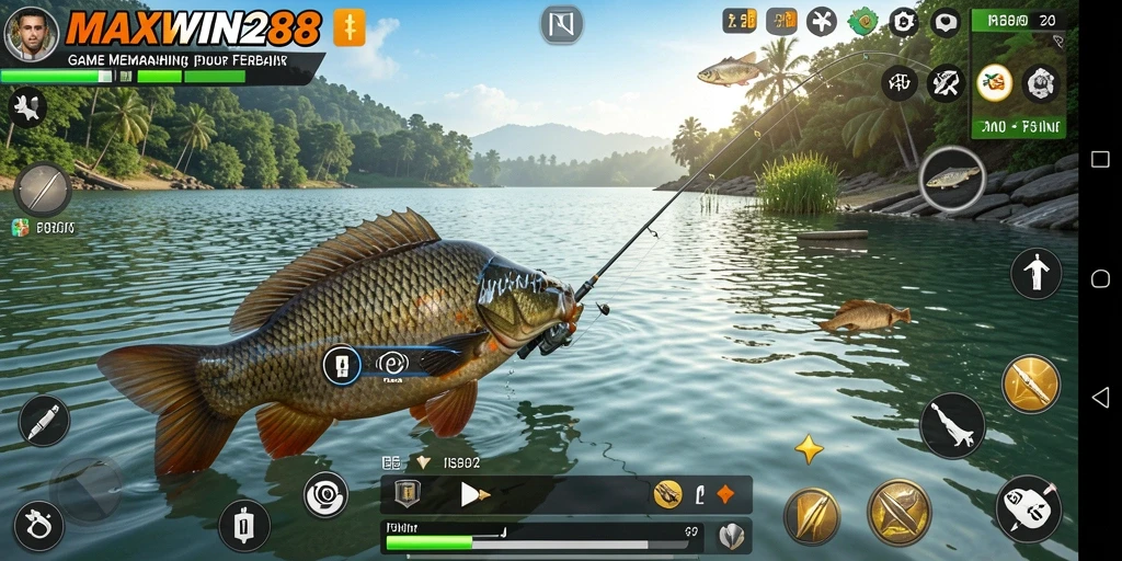 Screenshot gameplay <strong>MAXWIN288</strong> menampilkan aksi seru saat memancing.